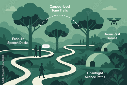Futuristic forest park with trails, domes, drones, and speech decks