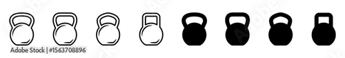 Kettlebell weight icon set. Kg bell logo. Kettlebell, dumbbell, heavy sign. Iron dumbbell symbol. Vector illustration.