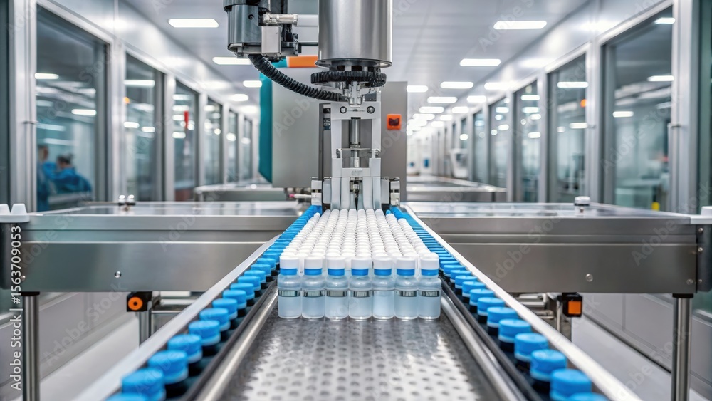 Naklejka premium Automation in a modern pharmaceutical production line with vials on a conveyor belt.