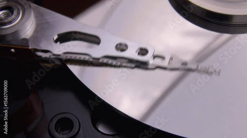 Close-up of the working process of a computer hard drive