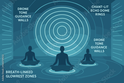 Meditative echo dome with glowing rings and ambient guidance walls