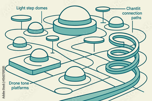 Futuristic dome landscape with labeled platforms and spiral paths