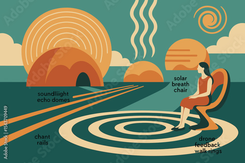 Futuristic illustration featuring a peaceful landscape with a person seated on a solar-powered chair, surrounded by echo domes, sound waves, chant rails, and glowing walk rings.