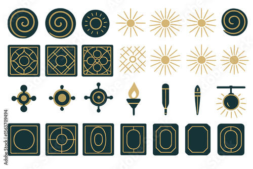 Set of mystical geometric symbols and icons featuring spirals, grids, lights, and tools like torches and pens, designed with glowing, ancient aesthetics.
