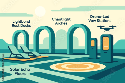 Futuristic outdoor lounge with arches, rest decks, and vow stations
