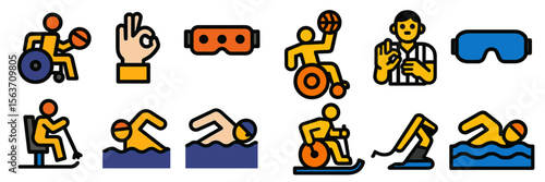 Icons representing various sports activities and officials showcasing athletic diversity and inclusivity