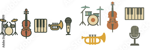 Colorful illustration of musical instruments arranged creatively, showcasing a variety of sounds and styles