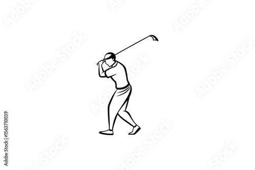 Simple Line Art of Golf Player Swinging Club in Black and White