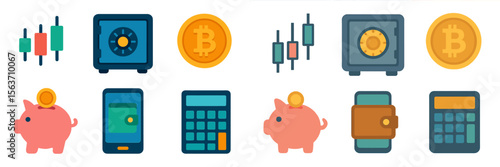 Digital finance symbols illustrating cryptocurrency, savings, and investment concepts in a modern design