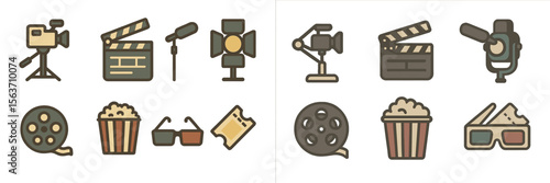Film production icons including cameras, lights, popcorn, and more on a vintage style background