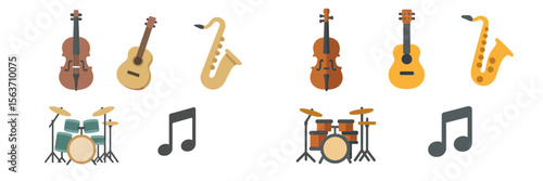 Different musical instruments displayed in a flat design style on a minimalist background