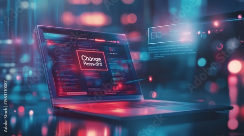 Futuristic Laptop Interface with Change Password Alert Displayed in Neon Colors, Symbolizing Digital Security and Cyber Protection in Modern Technology Environment