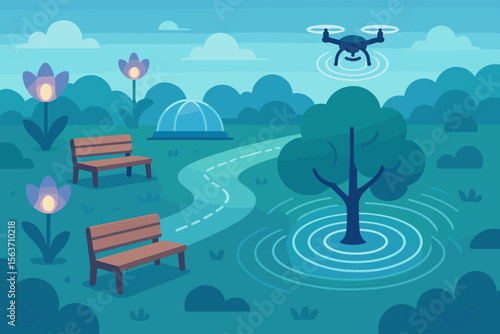 Futuristic park scene with benches, flower lamps, a tree, and a hovering drone