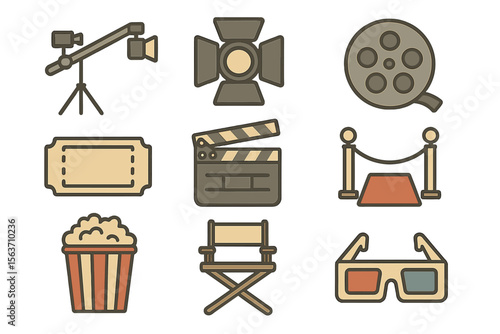 Elements of filmmaking including camera, clapperboard, lighting equipment, and popcorn in a studio setting with a cinematic theme