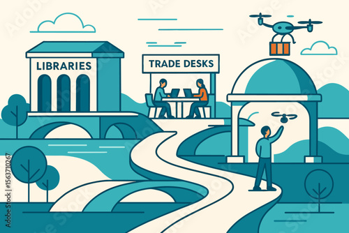 Futuristic civic scene with libraries, trade desks, and a drone dome handoff