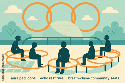 Futuristic outdoor seating with aura pad loops, rest tiles, and chime seats