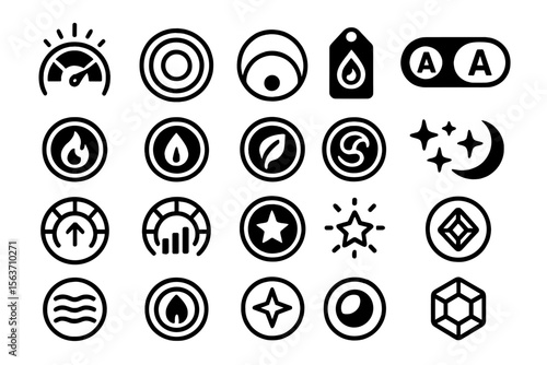 Dark-themed icon set with symbols for energy, elements, ratings, and interface toggles