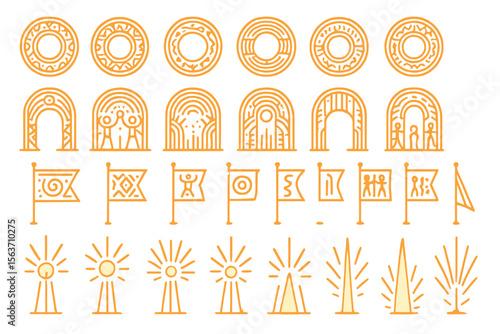 Glowing ceremonial icon set with radiant pillars, ancient flags, and arch motifs