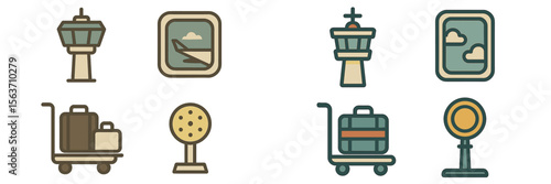 Icons representing airport facilities and services along with travel essentials for passengers during their journey