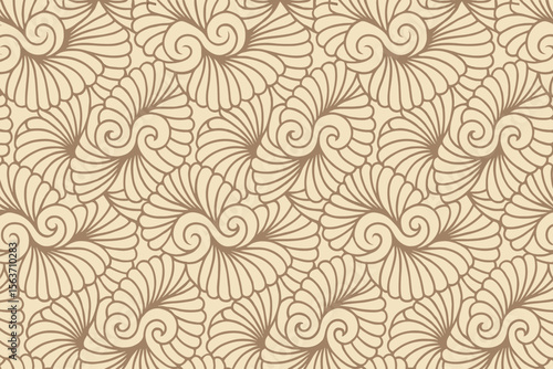 Seamless vintage swirl pattern with shell-like floral motifs in tan