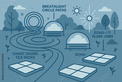 Futuristic park diagram with labeled paths, domes, orbs, and tile decks