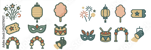 Colorful festival elements including lanterns, fireworks, and masks create a festive atmosphere for celebration events