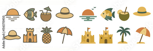 Colorful summer icons featuring beach essentials like sun, fish, drinks, and sandcastles for vacation vibes