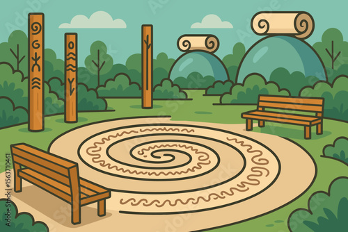 Whimsical park with spiral path, benches, and decorated totem poles