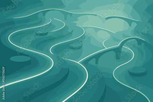 A minimalist futuristic landscape with glowing pathways, smooth curves, and bridges, bathed in a soft teal light, creating a serene and dreamlike atmosphere.