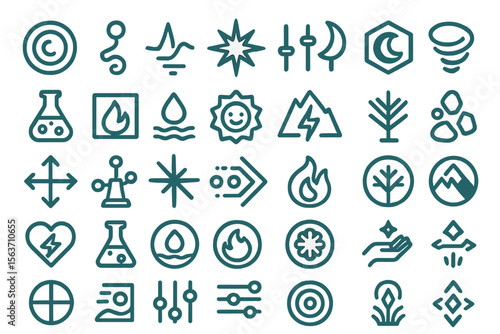 A collection of 32 abstract and elemental icons representing energy, nature, and science, including fire, water, air, and chemical symbols.