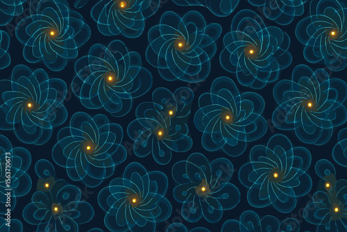 Abstract glowing flower pattern with swirling lines and bright centers on a dark background, creating a dynamic and ethereal design.