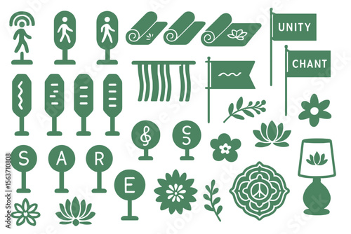 Set of peaceful and spiritual icons featuring flowers, flags, yoga mats, and calming symbols like the lotus and peace sign.