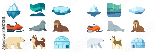 Creative illustrations of Arctic wildlife, landscapes, and activities showcasing seals, polar bears, dogs, snowmobiles, and igloos in a vibrant style