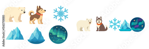 Depiction of Arctic wildlife featuring polar bears, huskies, and snowy landscapes with northern lights in a vibrant graphic style