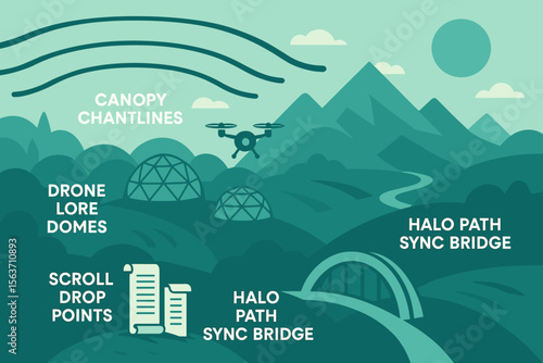 Futuristic landscape with labeled domes, drone, and sync bridge