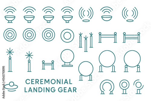Futuristic icons representing ceremonial landing gear, including beacons, circular markers, and landing platforms.
