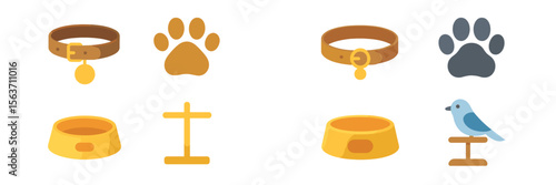 Pet accessories including collars, bowls, and toys in simple, colorful designs ideal for animal lovers and pet owners