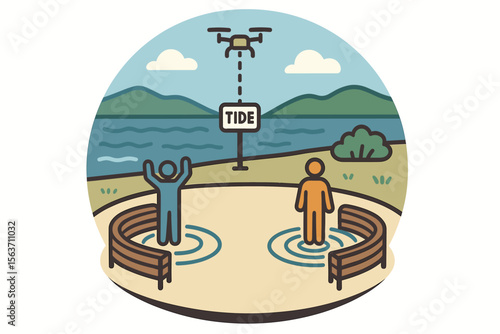Illustration of a tidal feedback area with drone, echo benches, and pulse rings