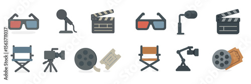 Film industry symbols represent various aspects of movie production and viewing experience at a modern cinema