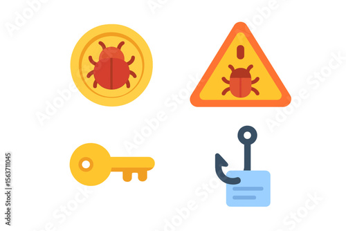 Symbols representing cybersecurity threats and solutions illustrated with icons showing malware, warning signs, a key, and phishing attempts