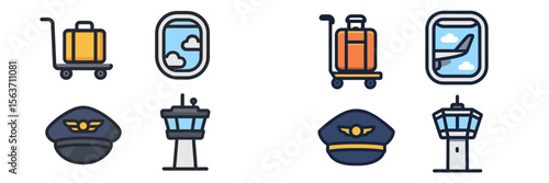 Travel icons representing airport elements such as luggage, windows, and uniforms