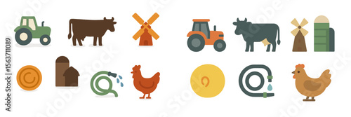 Farm elements featuring animals, machinery, and tools in a colorful, modern illustration representing agricultural life