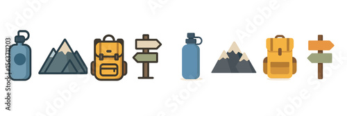Exploring nature with hiking gear, backpacks, and water bottles in scenic mountainous landscapes