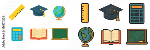 Educational icons depicting tools for learning and study in a modern classroom setting with various subjects and activities