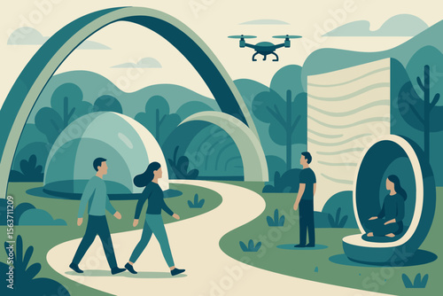 A futuristic park scene with walkways, domes, and a drone, featuring a person meditating in a pod and a couple strolling, depicting modern wellness and outdoor technology.