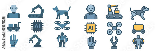 Various icons representing technologies and AI concepts showcasing robots, drones, and animals in a modern design