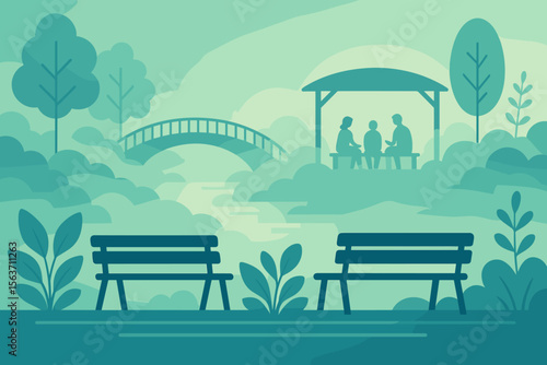 A peaceful park setting featuring two benches with a distant gazebo where a family is seated, a bridge in the background, and surrounded by lush greenery and soft mist.