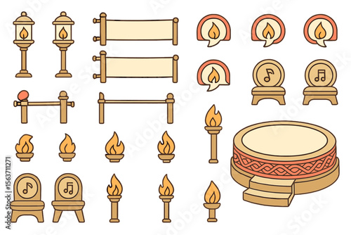 Set of icons featuring ceremonial torches, platforms, musical elements, and scrolls, with a warm color palette.