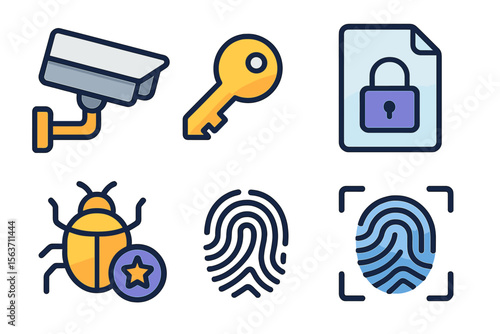 Surveillance equipment, security features, and identification symbols displayed in a modern information security concept