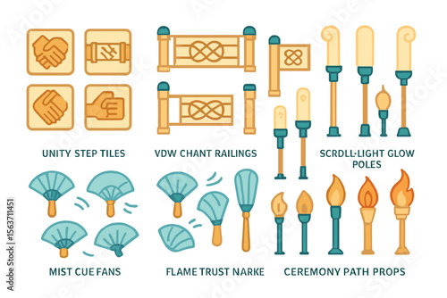 Stylized ceremony path prop icons with fans, flames, and railings